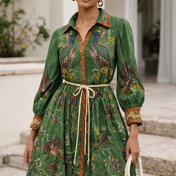 Dresses & Skirts - ALÉMAIS Birdie Green Ramie Shirt Dress - Printed Midi - Size US 10 / AU 14